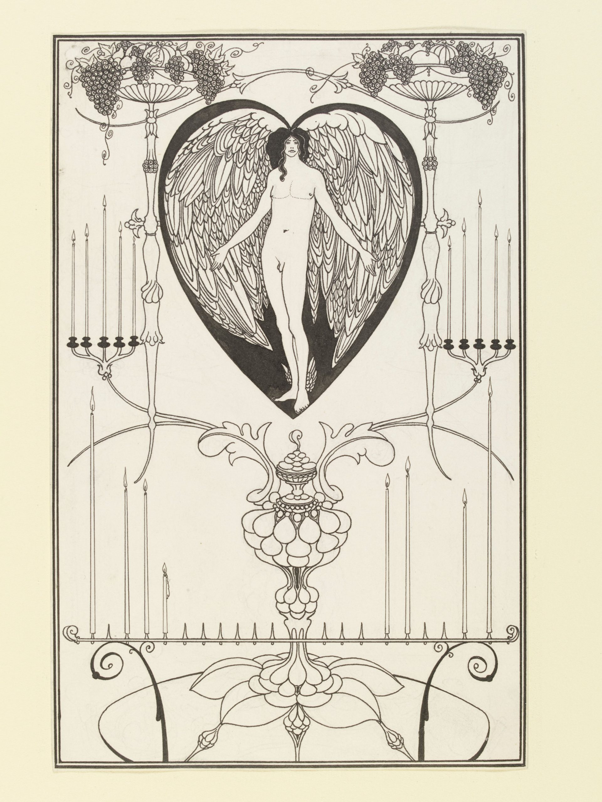 オーブリー・ビアズリー《愛の鏡》1895年、ペン、インク、グラファイト、水彩/紙、26.2 x 17.5 cm(画寸)、27.4 x 17.7 cm(紙寸)<br />
ヴィクトリア・アンド・アルバート博物館 Photo: Victoria and Albert Museum, London